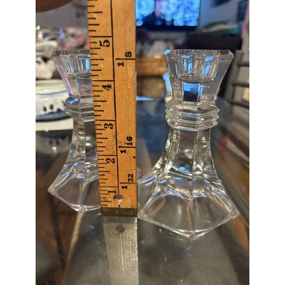 Vintage Heavy Lead Crystal Candlestick Holders Hexagonal Hex Set of 2 Clear
